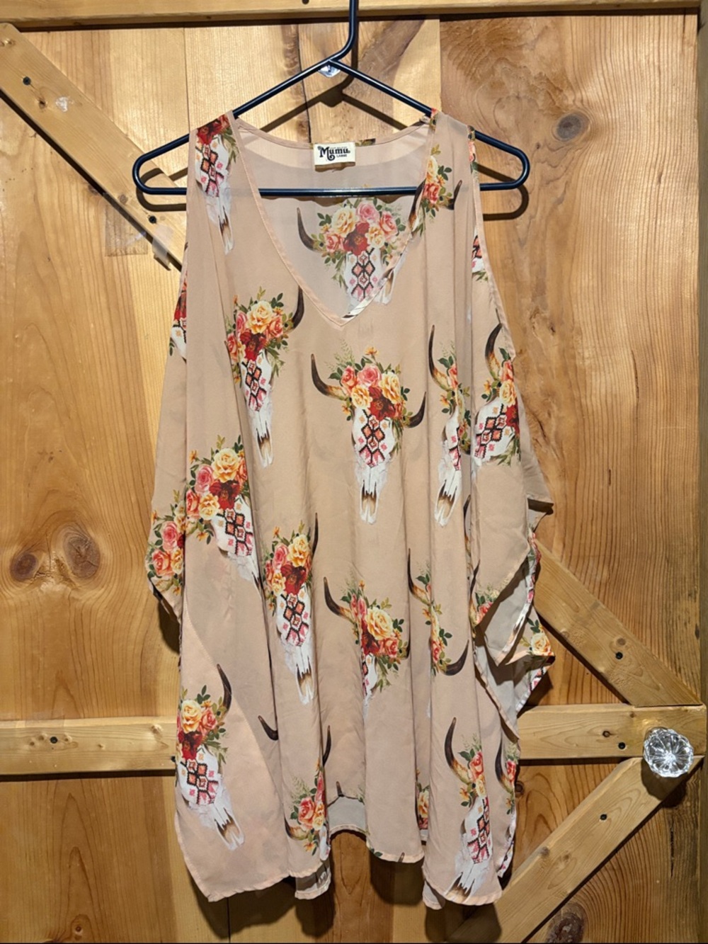 Show Me Your MuMu Beige Floral Bull Skull V-Neck Tunic Top